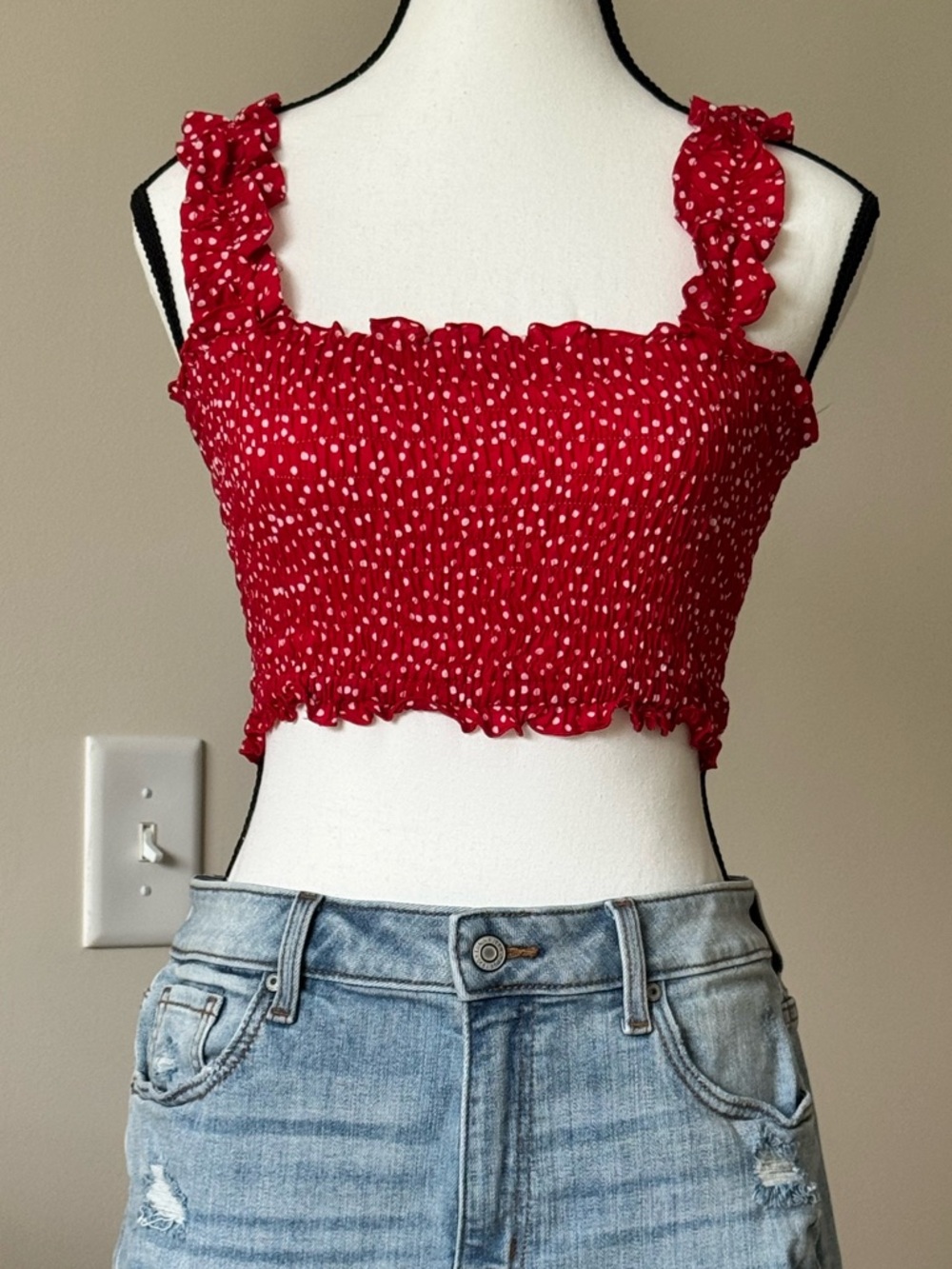 Red Smocked Ruffle Strap Crop Top by Tiare Hawaii one size (0-4)